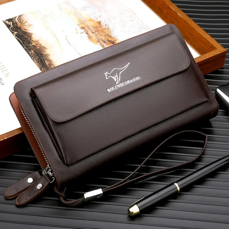 Men's Large Capacity Clutch Wallet with Double Zipper, Business Style, Black