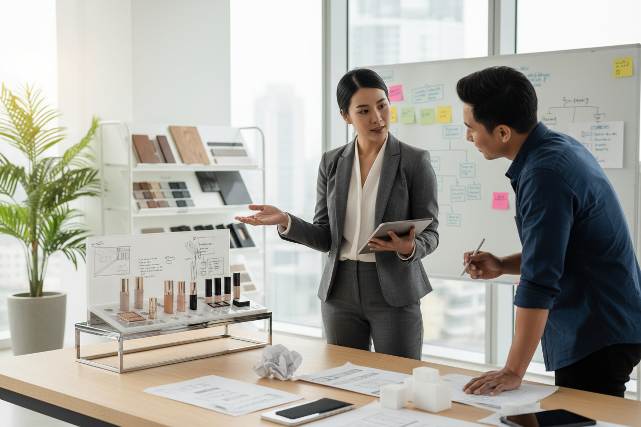 Designer giving feedback about the display stand