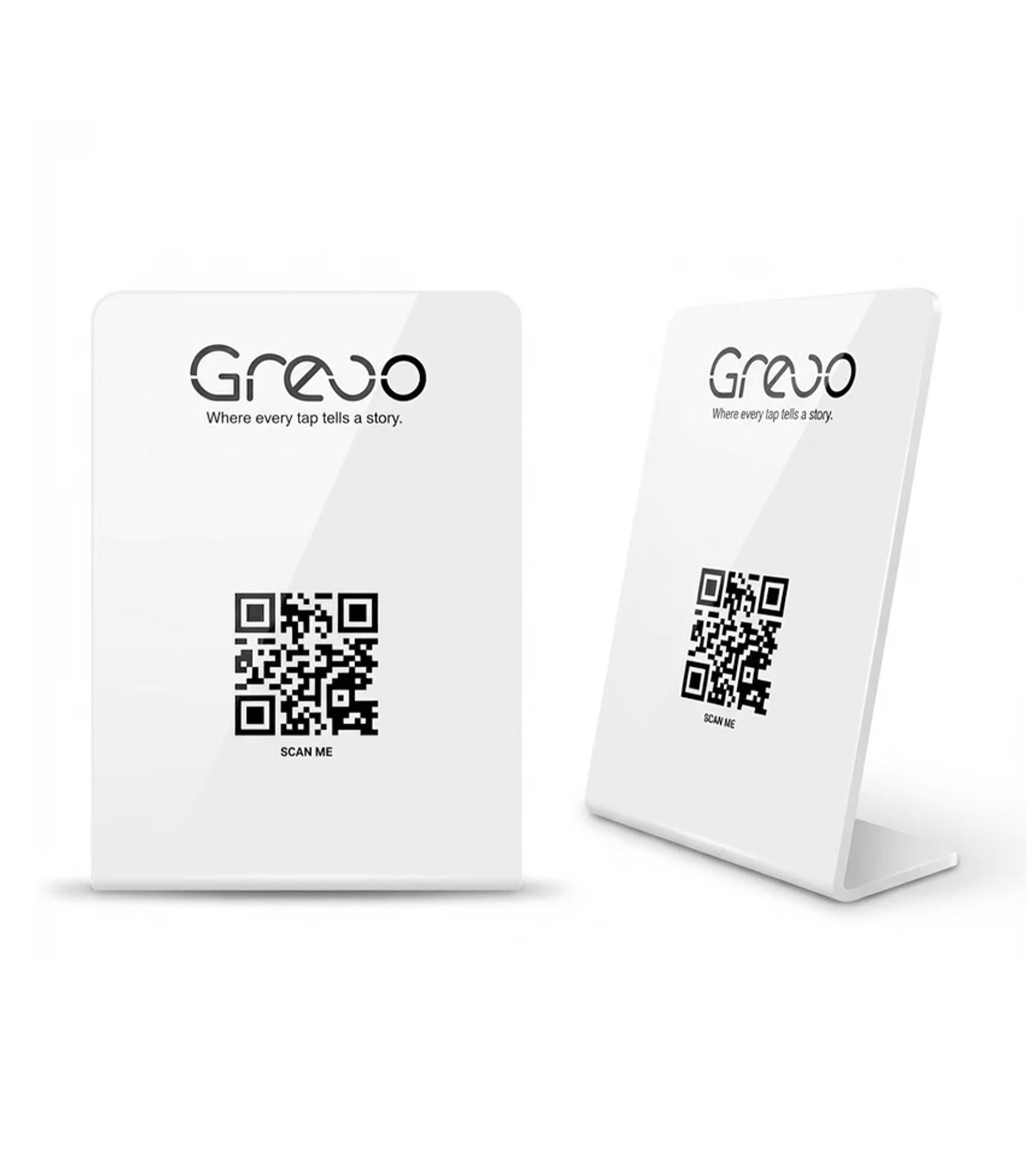 Two white display stands with Grevo branding and NFC, QR codes on a white background